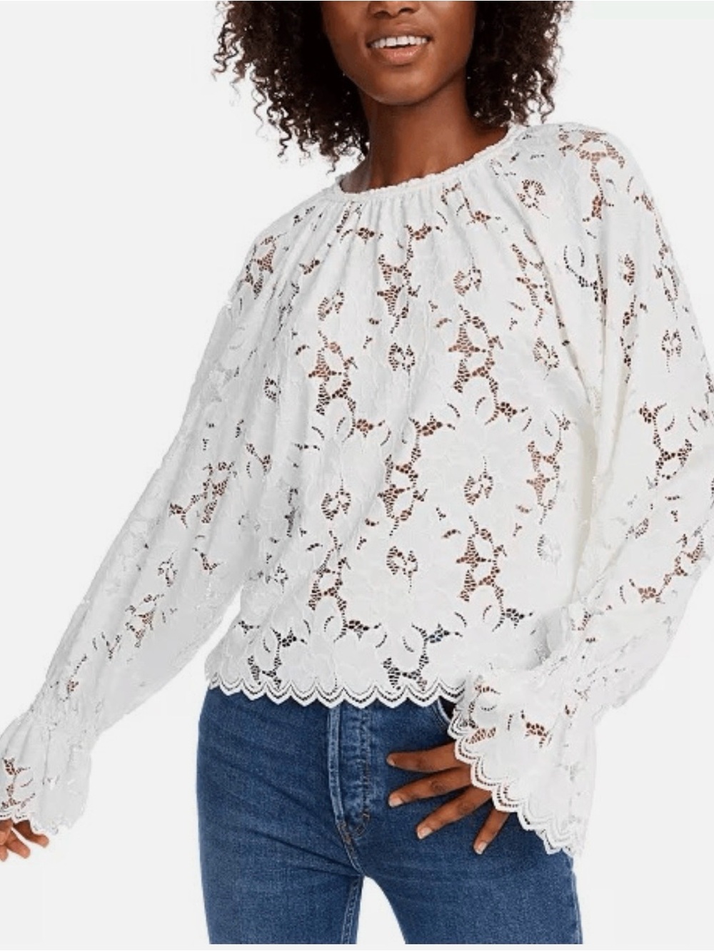 Free People Ivory Lace Boho Blouse Sz Medium Romantic Cottagecore Balloon Sleeve